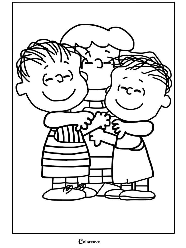 Page de coloriage terminée des personnages Linus, Peanuts se faisant un câlin dans le style Peanuts
