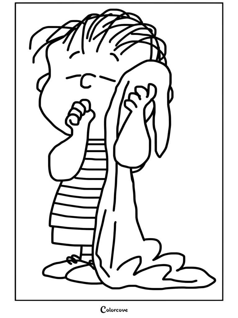Page de coloriage Peanuts de Linus Van Pelt tenant sa couverture de sécurité et s'essuyant la sueur