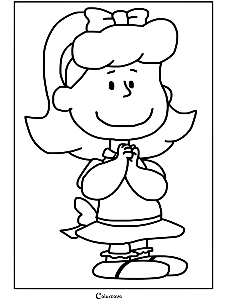 Page de coloriage imprimable de La Petite Fille Rousse de Peanuts souriant et joignant les mains