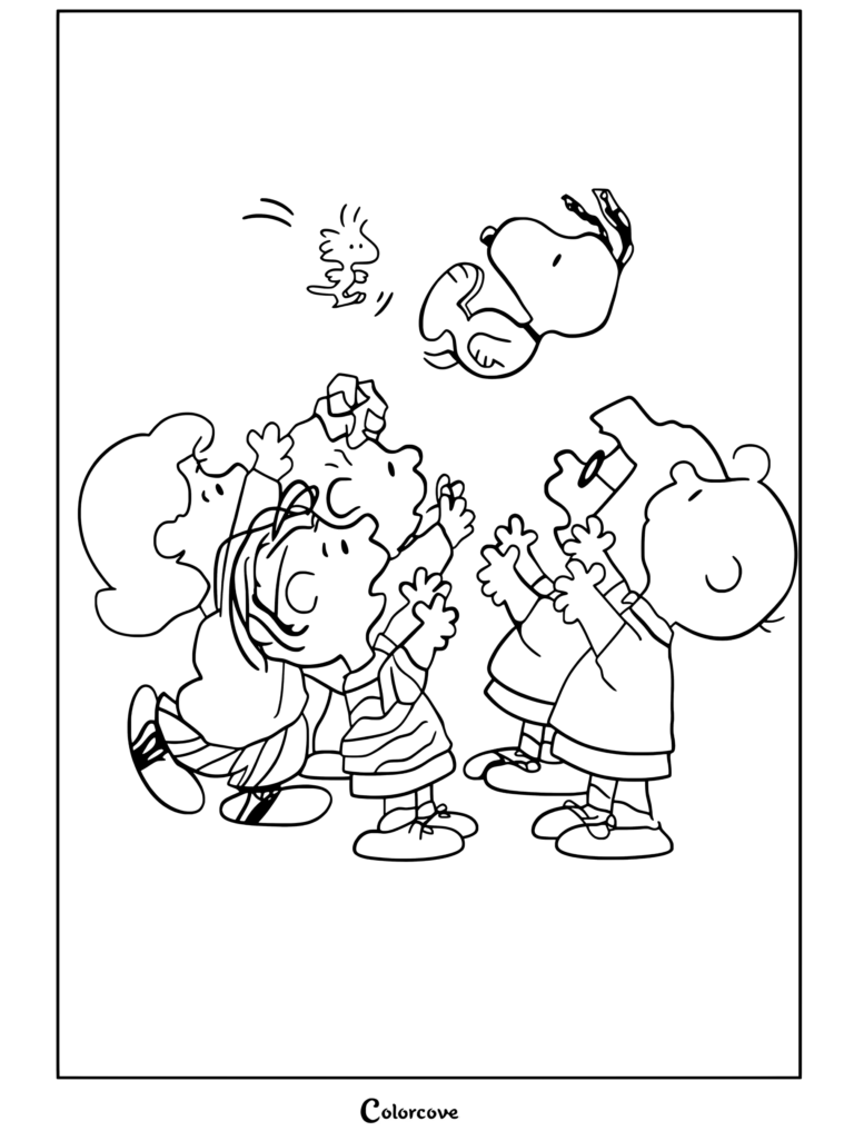 Lucy, Sally, Linus, Schroeder et Charlie Brown regardant Peanuts et Woodstock, page de coloriage pour les fans de Peanuts.