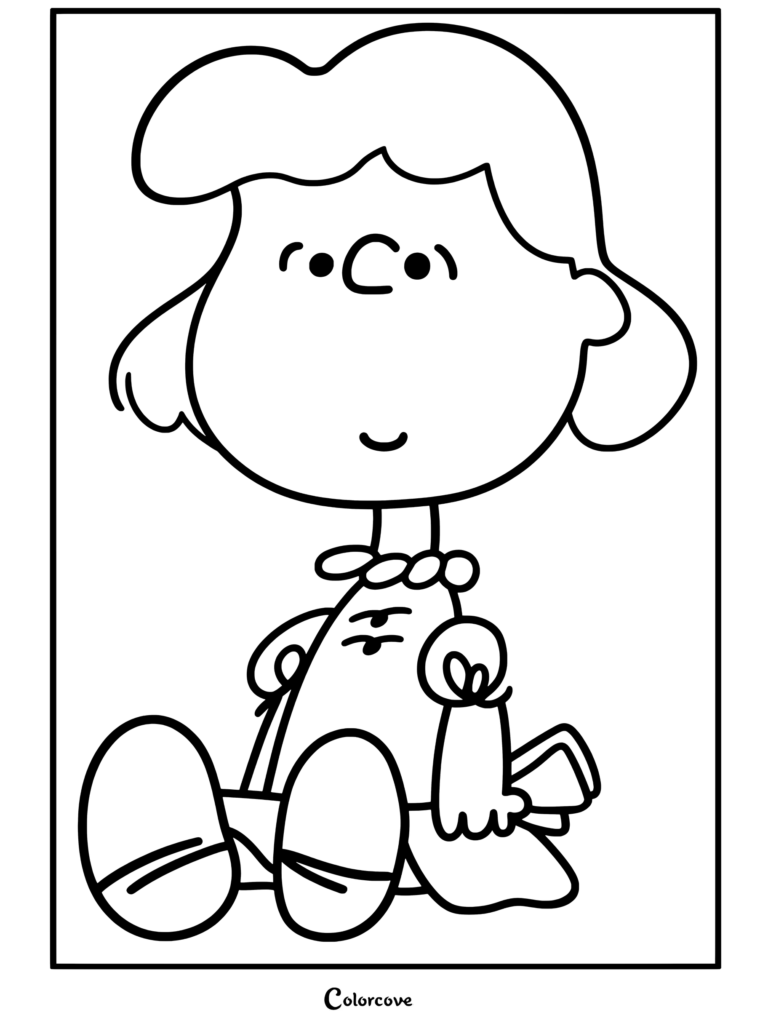 Page de coloriage de Lucy Van Pelt assise en robe rouge dans Peanuts
