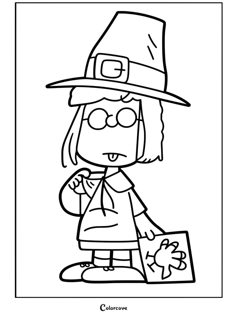 Page de coloriage de Marcie portant un costume de pèlerin et un chapeau tenant un bricolage de dinde dans Peanuts