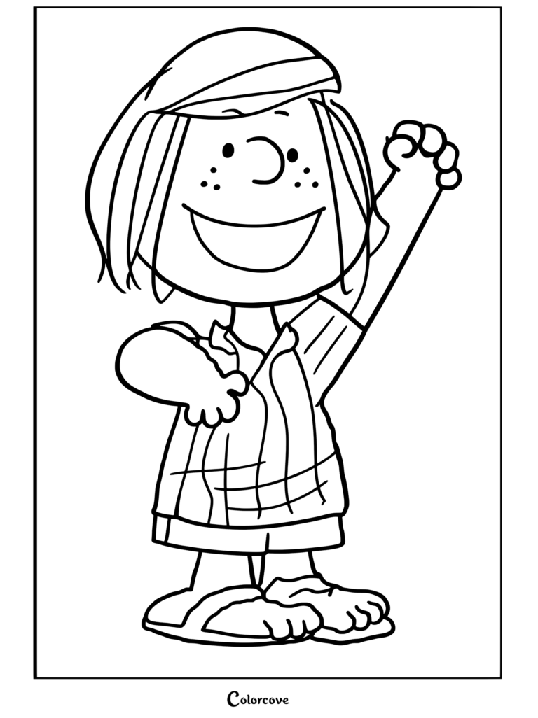 Page de coloriage de Peanuts représentant Peppermint Patty souriant le poing levé, portant une chemise à rayures vertes et un short bleu.