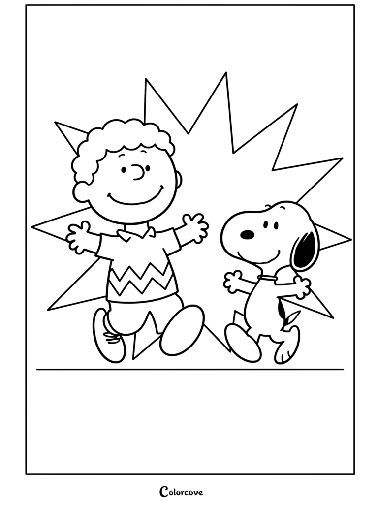 Page de coloriage de Peanuts dansant joyeusement devant un fond en étoile pour les fans de Peanuts.
