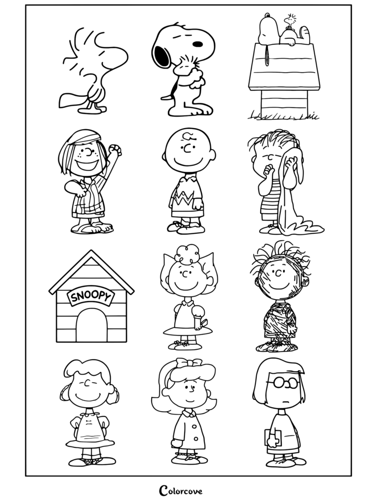 Page de coloriage Peanuts mettant en vedette Peanuts, Charlie Brown, Lucy, Linus, Sally, Woodstock et d'autres amis disposés dans une grille.