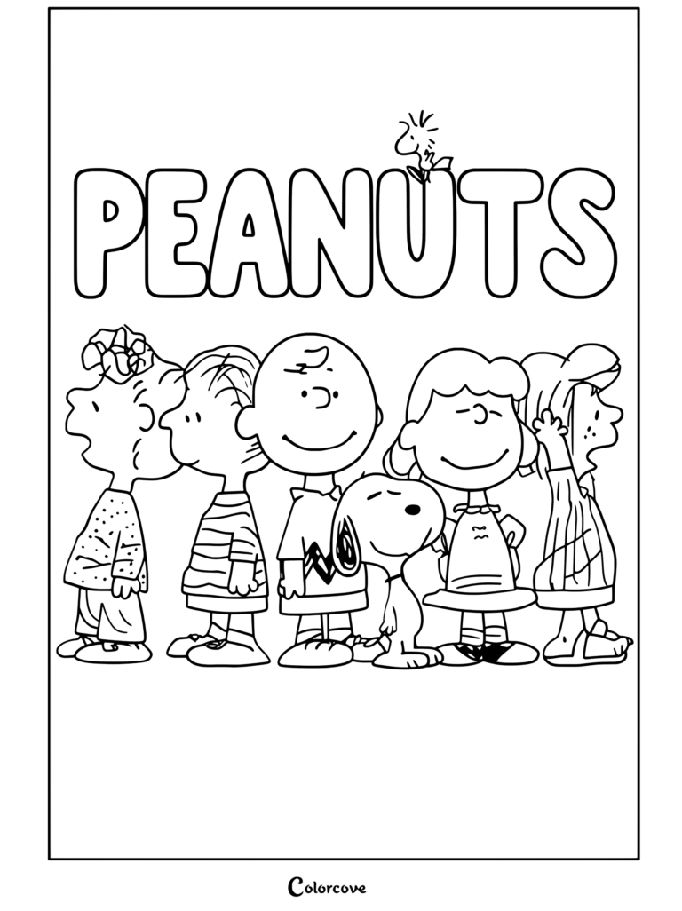 Page de coloriage de portrait de groupe de la bande Peanuts comprenant Charlie Brown, Peanuts, Lucy, Linus, Sally, Peppermint Patty et Woodstock