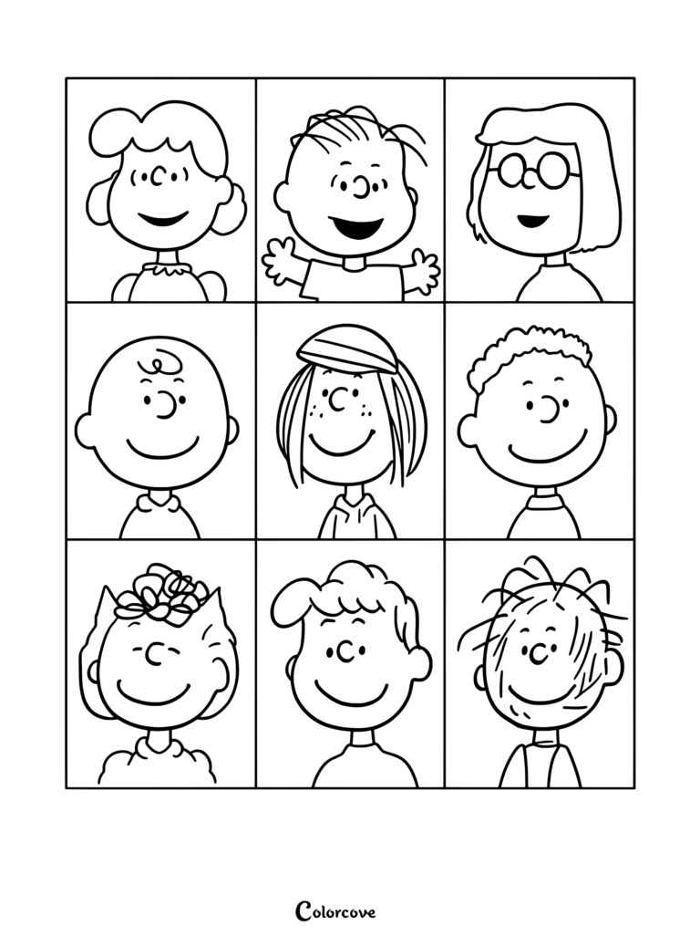 Montage de portrait en grille de la bande Peanuts avec lucy charlie brown marcie snoopy et ses amis, page de coloriage avec neuf panneaux de personnages distincts.