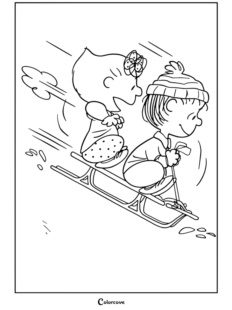 Page de coloriage de Sally Brown et Linus Van Pelt faisant de la luge sur une colline enneigée dans Peanuts