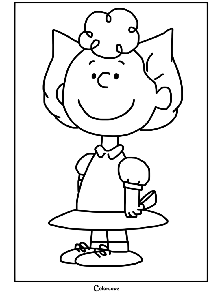 Page de coloriage de Sally Brown de Peanuts portant une robe rose à pois, debout et souriant
