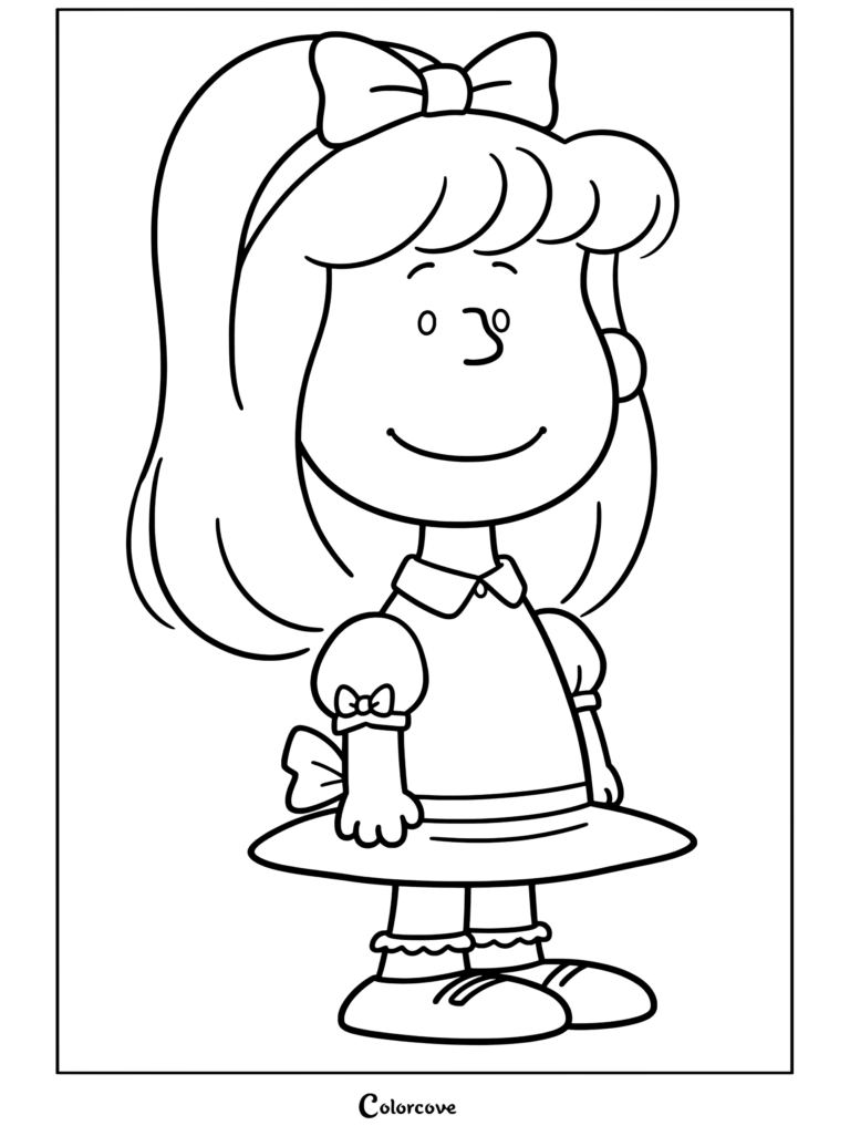 Page de coloriage de Sally Brown la représentant debout dans une robe avec des cheveux blonds et un nœud dans Peanuts.