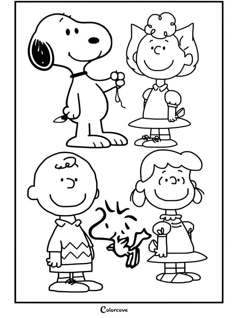 Portrait de groupe de Peanuts et ses amis avec Charlie Brown, Lucy, Sally et Woodstock, page de coloriage de Peanuts.