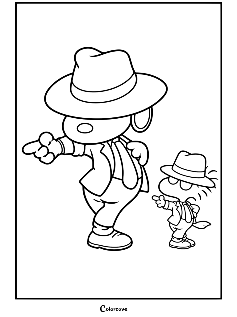 Page de coloriage de Peanuts et Woodstock habillés en costumes blancs et chapeaux fedora faisant la pose de danse Smooth Criminal de Michael Jackson tirée de Peanuts.