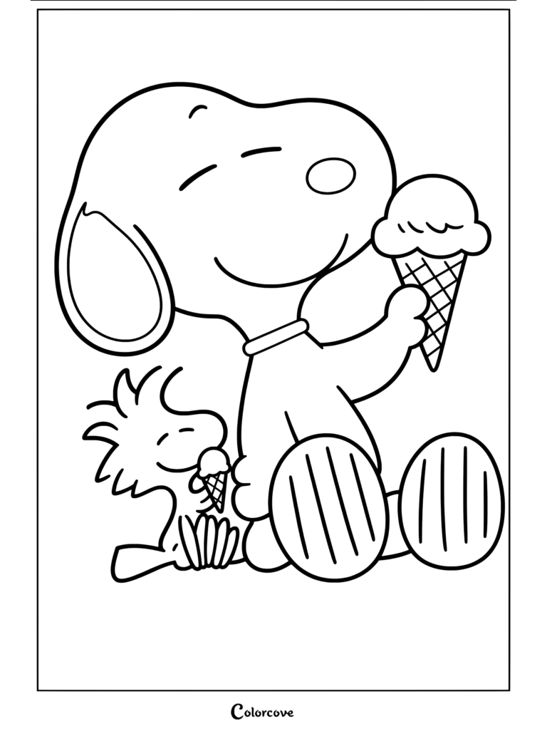 Page de coloriage de Peanuts et Woodstock mangeant des cônes de glace tirée de Peanuts