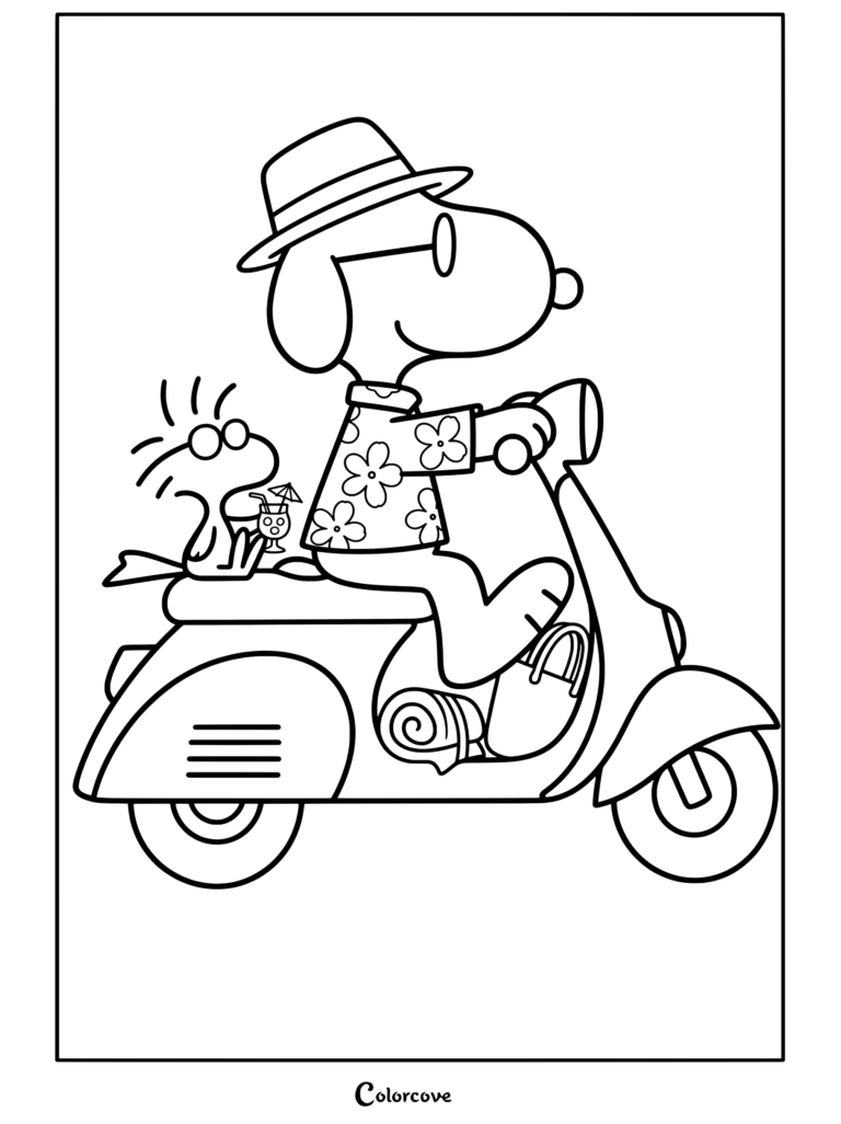 Page de coloriage de Peanuts et Woodstock en scooter rouge en vacances portant une chemise hawaïenne et un chapeau de paille tirée de Peanuts