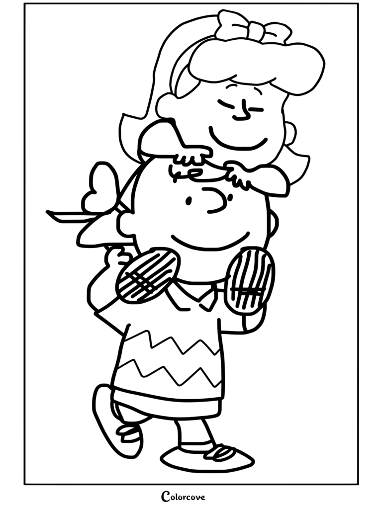 Page de coloriage de Charlie Brown portant la Petite Fille Rousse sur ses épaules tirée de Peanuts.