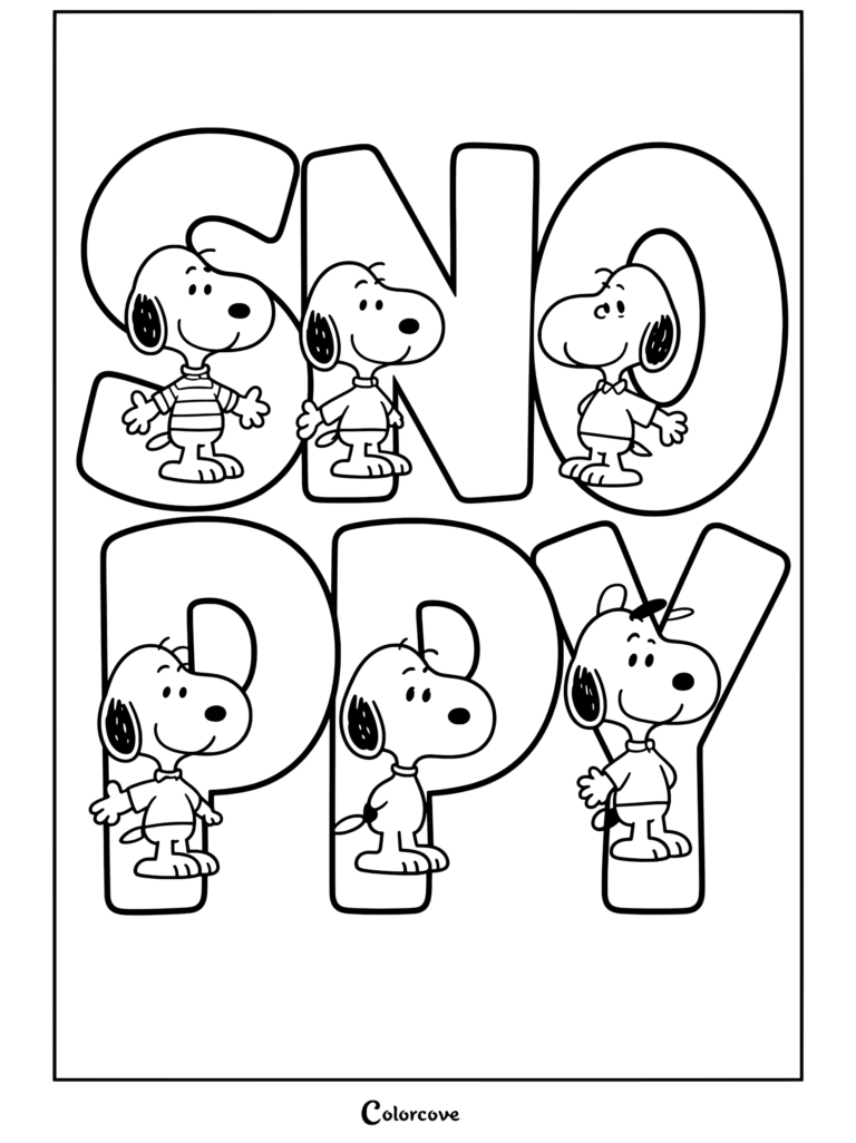 Page de coloriage Peanuts représentant les personnages de Peanuts écrivant snoopy en lettres colorées en bloc avec diverses poses et tenues