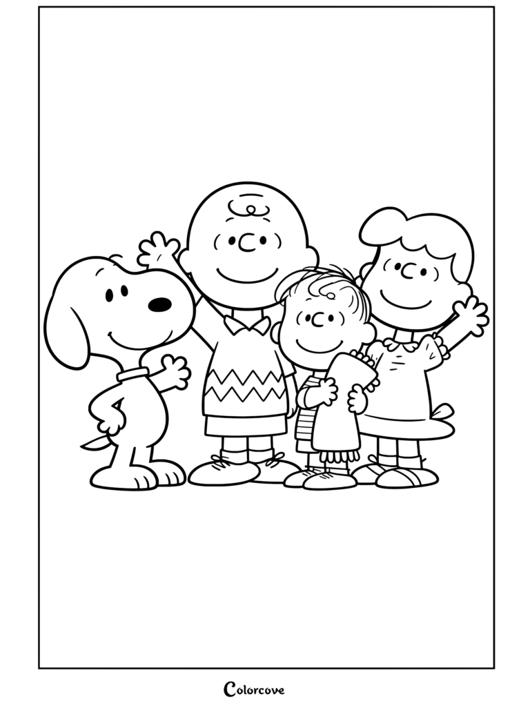 Page de coloriage Peanuts de Peanuts, Charlie Brown, Linus et Lucy debout ensemble en train de faire coucou et de sourire