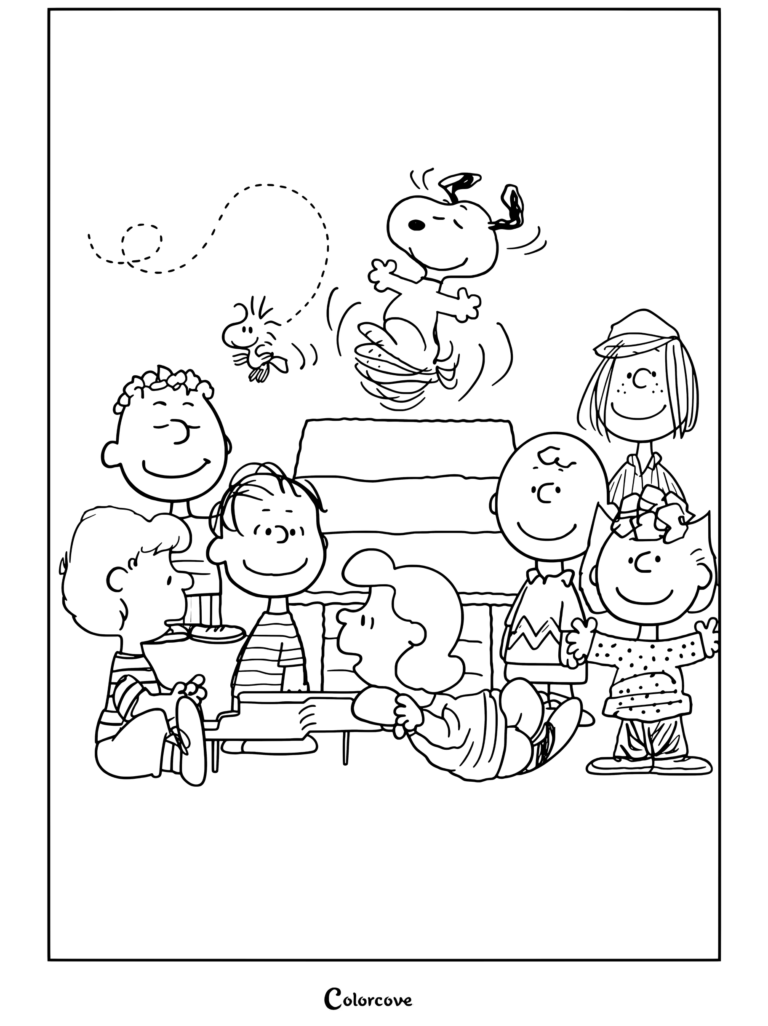 Peanuts dansant sur sa niche avec Woodstock et la bande Peanuts, comprenant Charlie Brown, Lucy, Linus, Sally et Schroeder jouant du piano dans cette page de coloriage Peanuts à imprimer.