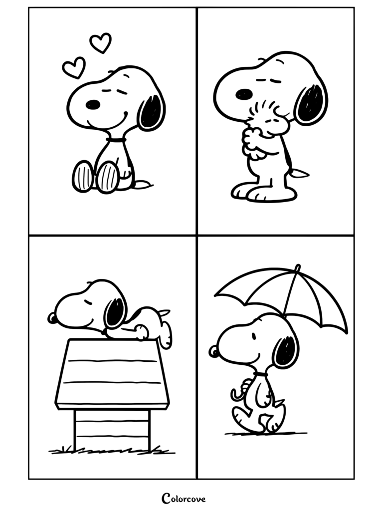 Grille à quatre panneaux de Peanuts assis avec des cœurs, câlinant Woodstock, dormant sur sa niche et tenant un parasol, page de coloriage dans cette feuille Peanuts à imprimer.