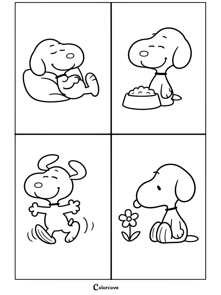 Page de coloriage de Peanuts présentant une grille quadruple à quatre panneaux avec Peanuts dormant sur un oreiller bleu, mangeant dans un bol, dansant joyeusement et sentant une fleur rose.