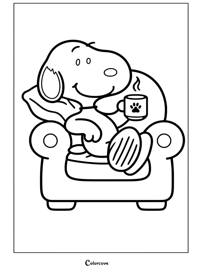 Page de coloriage Peanuts à imprimer montrant Peanuts se détendant dans un fauteuil vert, tenant une tasses à café bleue avec un oreiller violet derrière lui.