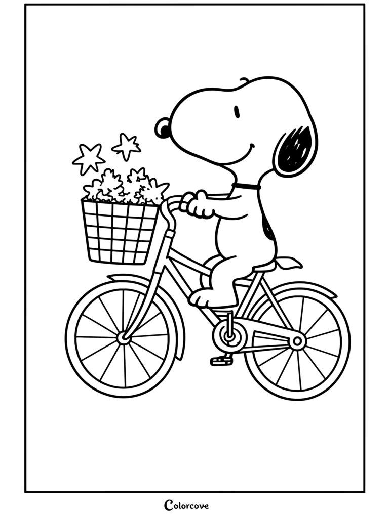 Page de coloriage Peanuts à imprimer montrant Peanuts faisant du vélo avec un panier rempli d'étoiles