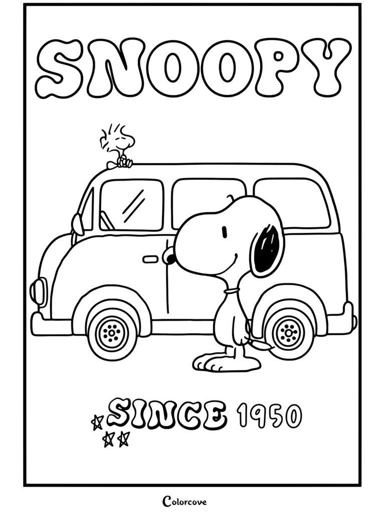 Page de coloriage Peanuts à imprimer montrant Peanuts debout à côté d'une camionnette avec Woodstock sur le toit et le texte SINCE 1950.