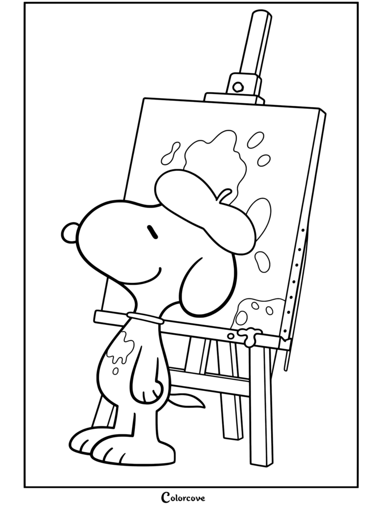 Page de coloriage Peanuts de Peanuts portant un béret noir debout devant un chevalet avec une toile peinte.