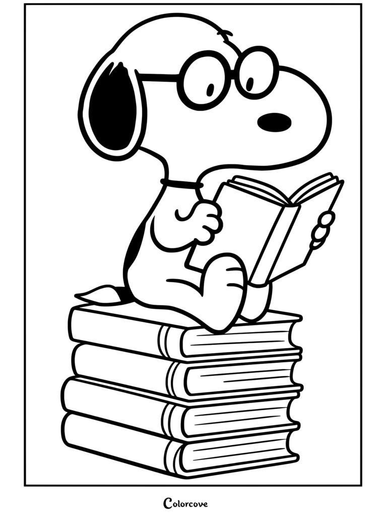 Peanuts portant des lunettes assis sur une pile de livres colorés en train de lire un livre orange dans cette page de coloriage Peanuts.