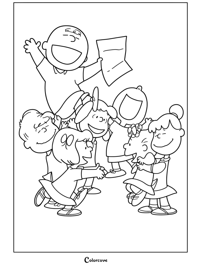 Page de coloriage de Charlie Brown tenant du papier entouré d'amis joyeux de la bande Peanuts qui l'encouragent
