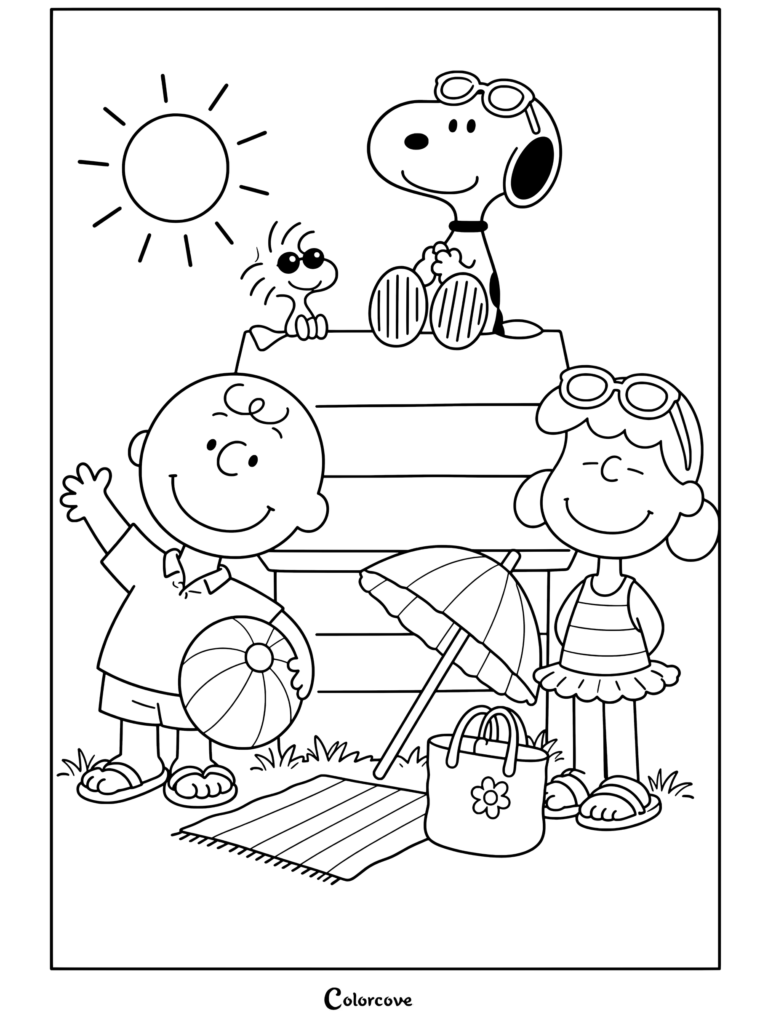 Page de coloriage Peanuts à imprimer montrant Peanuts, Woodstock, Charlie Brown et Lucy profitant d'une fête sur la plage d'été avec une niche, un parasol et un ballon de plage.