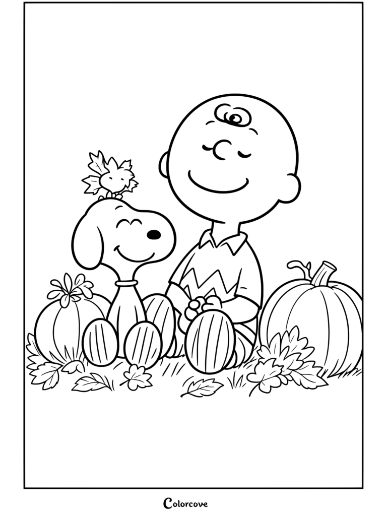 Un coloriage Peanuts montrant Peanuts assis avec Woodstock au milieu de citrouilles et de feuilles mortes