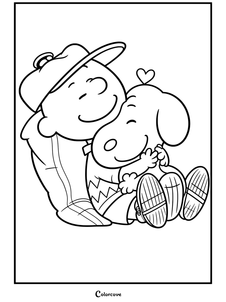 Coloriage Peanuts de Charlie Brown portant une casquette et un t-shirt jaune, serrant Peanuts contre un coussin vert orné d'un cœur