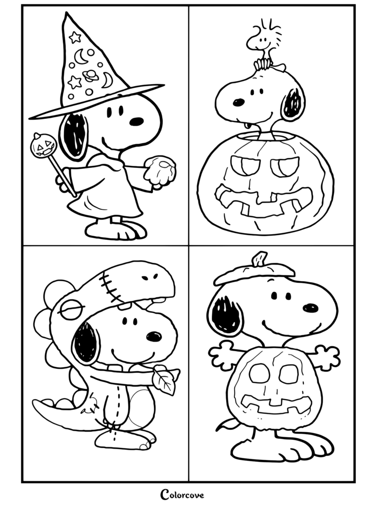 Coloriage Peanuts montrant quatre versions de Peanuts déguisé pour Halloween en sorcière, citrouille, dinosaure et costume de citrouille