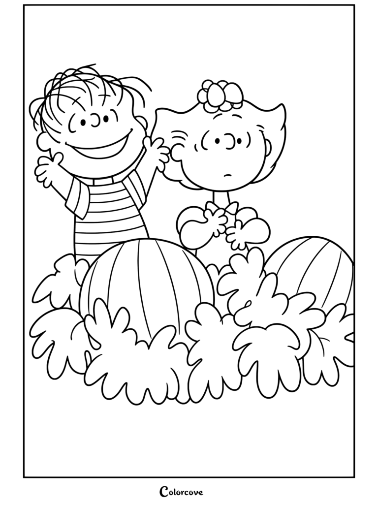 Coloriage des Peanuts de Linus et Sally debout derrière des citrouilles dans le champ de citrouilles