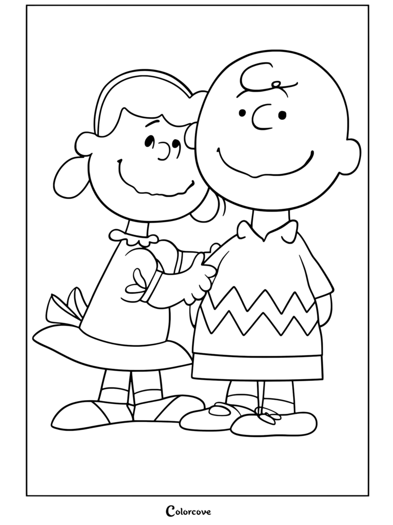Un coloriage à imprimer de Lucy Van Pelt et Charlie Brown se serrant dans les bras avec le sourire dans Peanuts.