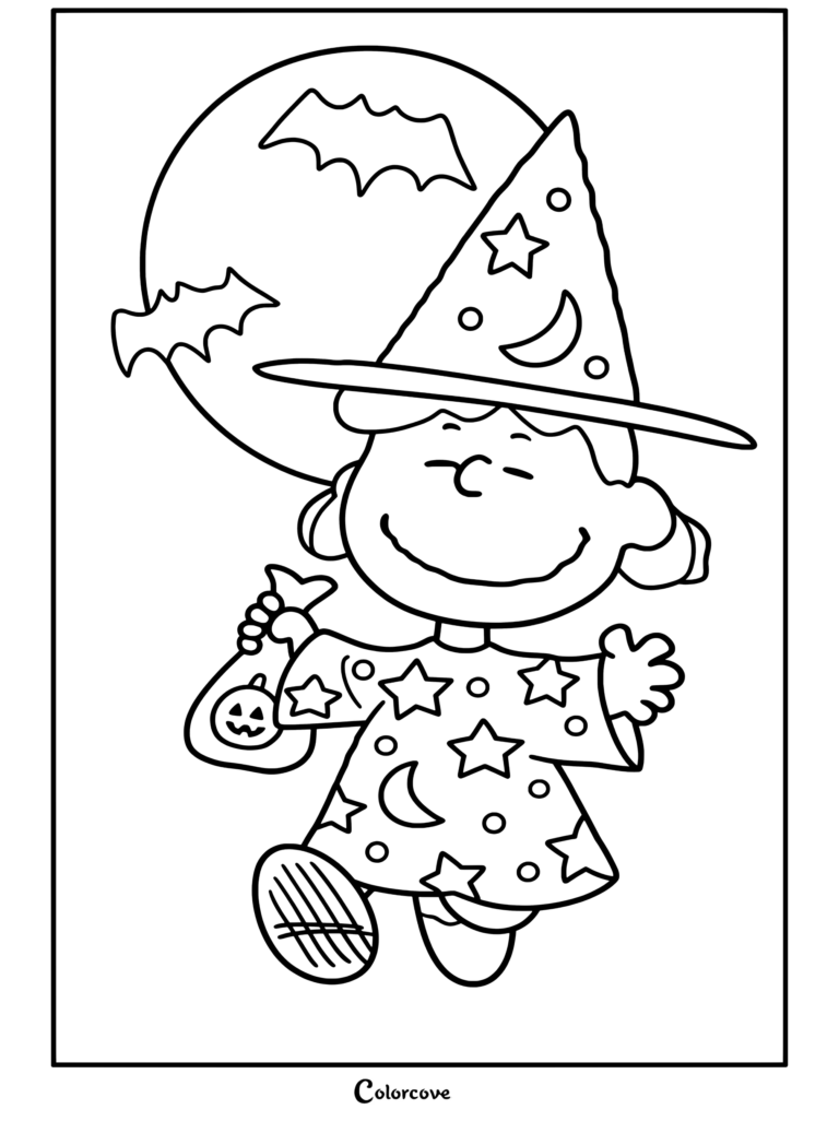Coloriage Peanuts de Lucy Van Pelt déguisée en sorcière avec robe et chapeau ornés d'étoiles et de lunes, tenant un sac à bonbons d'Halloween devant une lune et des chauves-souris.