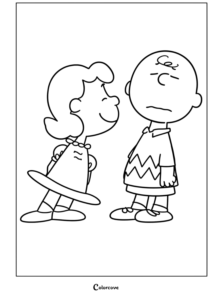 Coloriage pour les fans des Peanuts de Lucy Van Pelt penchée en avant souriant à un Charlie Brown bougon dans son t-shirt jaune à zig-zag