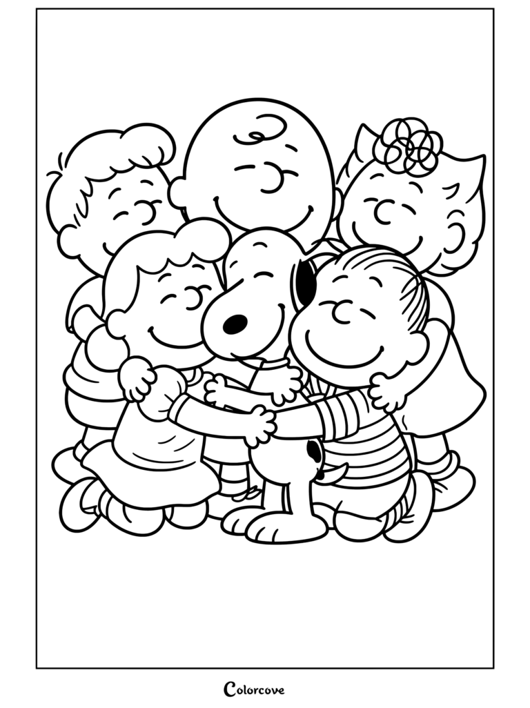 Coloriage Peanuts présentant un portrait de groupe avec Charlie Brown, Peanuts, Lucy, Linus, Sally et Schroeder se faisant un grand câlin.