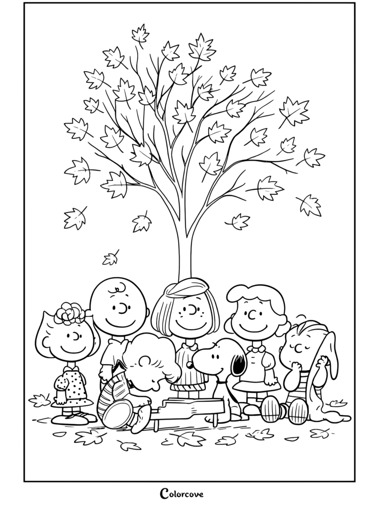 Coloriage de la bande des Peanuts avec Charlie Brown, Peanuts, Lucy, Linus, Sally et Schroeder jouant du piano sous un arbre d'automne aux feuilles tombantes