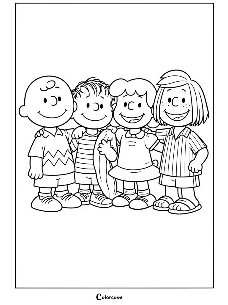 Page de coloriage Peanuts à imprimer mettant en vedette Charlie Brown, Linus, Lucy et Peppermint Patty debout ensemble et souriant en s'entourant les bras.