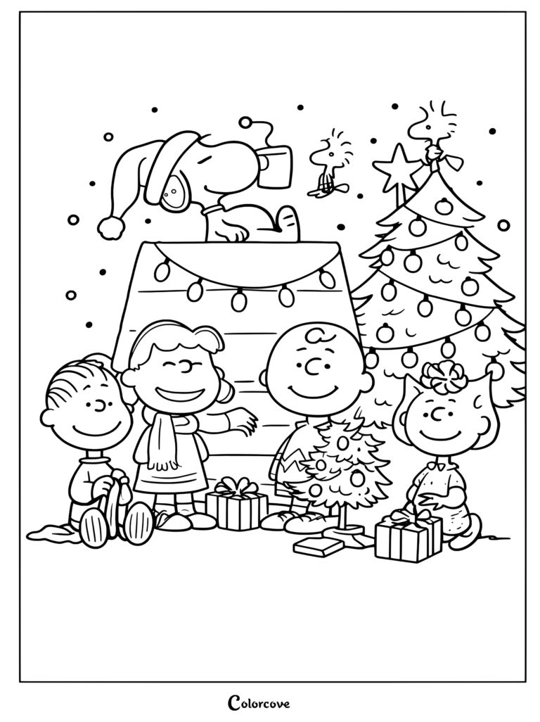 Coloriage Peanuts mettant en scène Charlie Brown, Peanuts, Lucy, Linus, Sally et Woodstock autour d'un sapin de Noël avec des cadeaux.