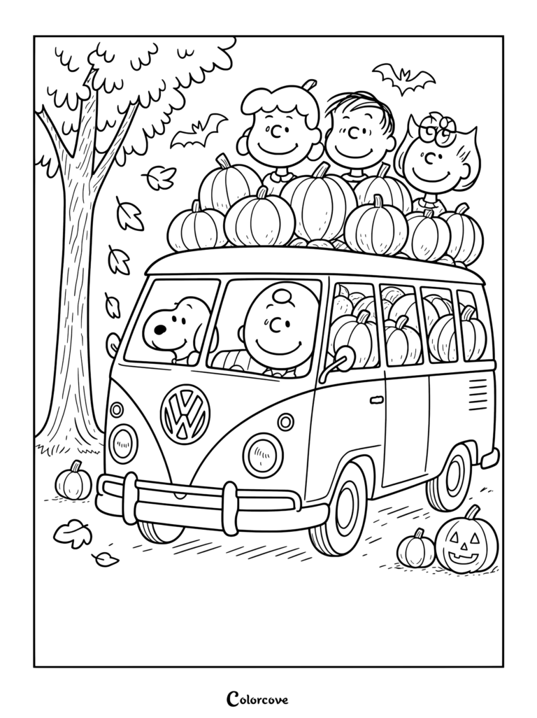 Coloriage Peanuts montrant Peanuts et Charlie Brown au volant d'un combi VW rempli de citrouilles avec Lucy, Linus et Sally sur le toit