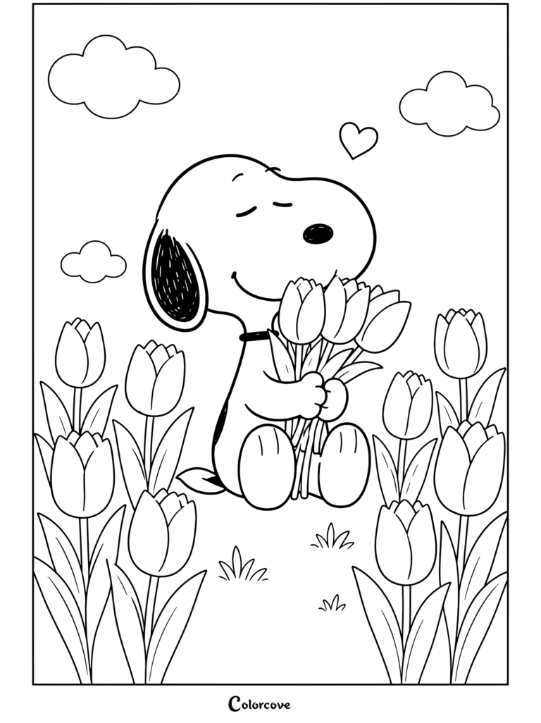 Coloriage Peanuts à imprimer avec Peanuts serrant un bouquet de tulipes colorées dans un jardin printanier.