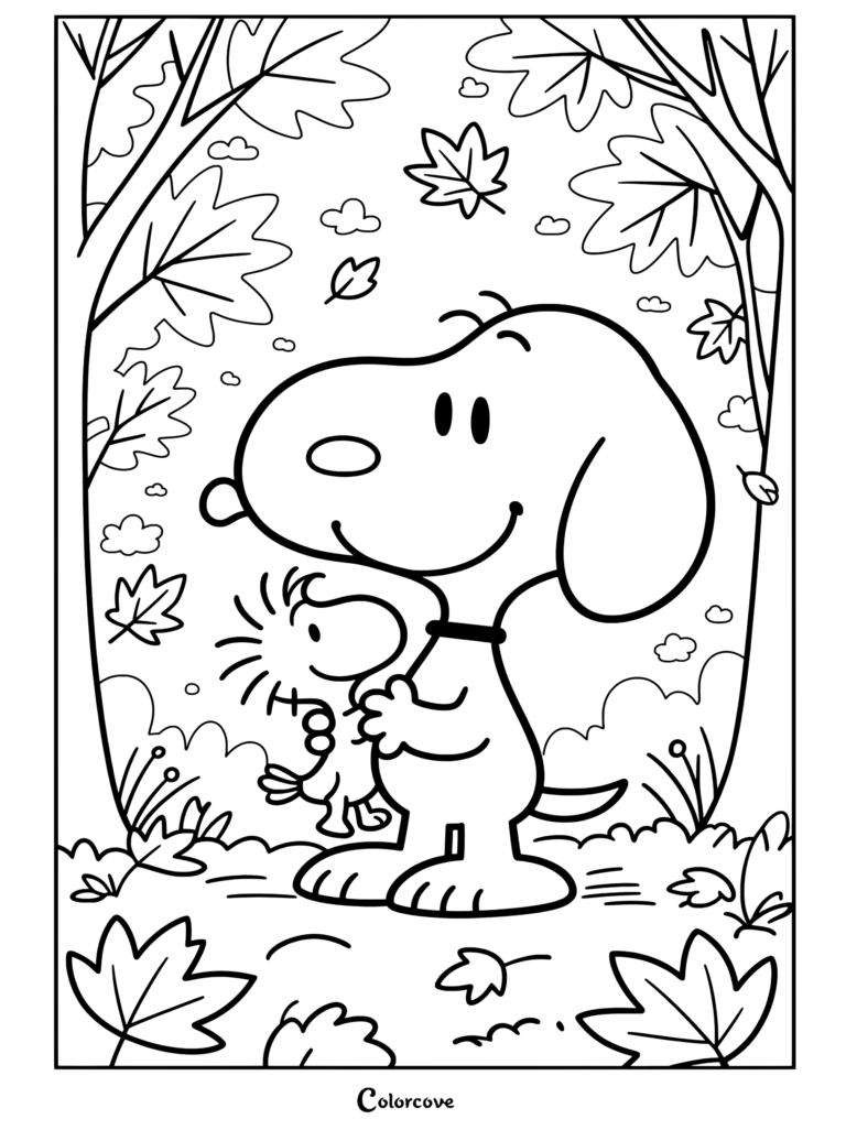 Coloriage pour les fans des Peanuts représentant Peanuts serrant Woodstock dans une forêt automnale sous un ciel bleu et des feuilles qui tombent