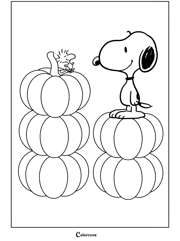 Coloriage Peanuts à imprimer montrant Peanuts debout sur une pile de citrouilles pendant que Woodstock est perché sur une pile voisine.
