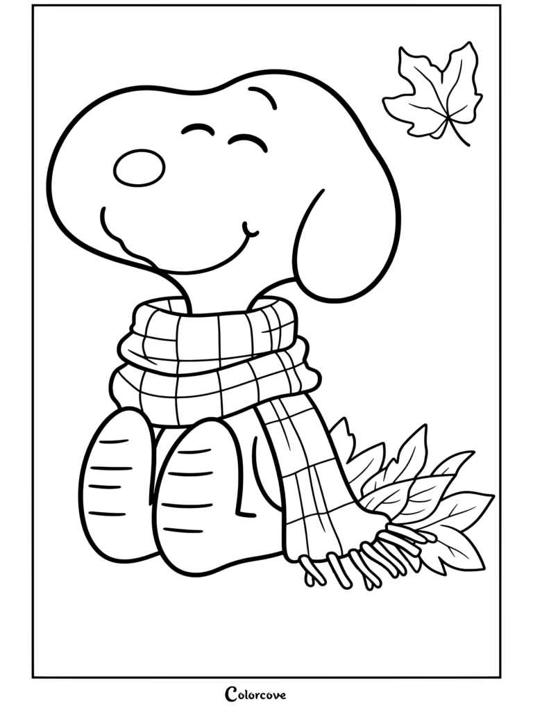 Coloriage Peanuts de Peanuts portant une écharpe à carreaux orange, assis au milieu des feuilles d'automne