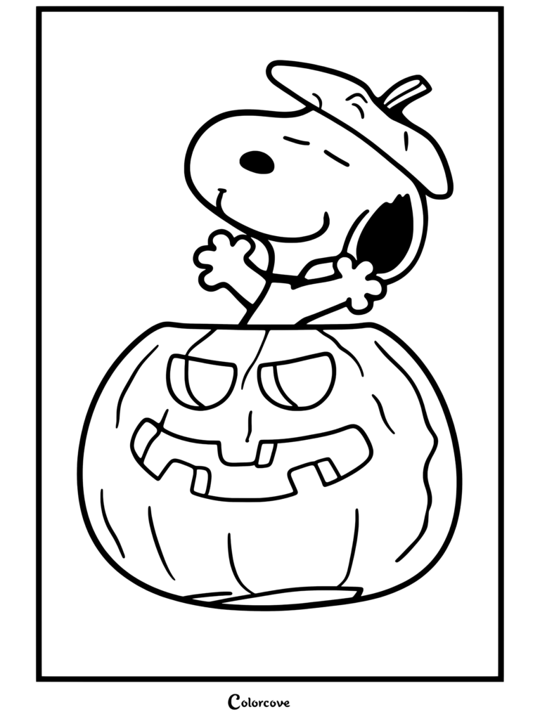 Coloriage mettant en scène les personnages des Peanuts avec Peanuts coiffé d'un chapeau citrouille sortant d'une citrouille d'Halloween.