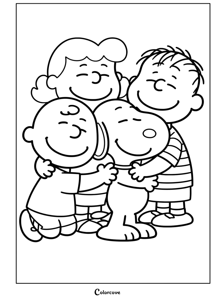 Charlie brown, lucy, linus et snoopy se faisant un câlin ensemble, page de coloriage de la bande Peanuts terminée pour les enfants