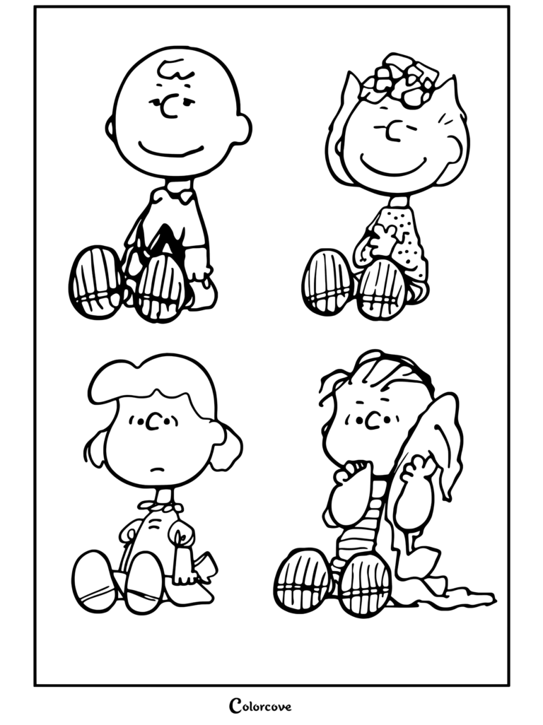 Page de coloriage style art pop des personnages Peanuts : Charlie Brown, Sally, Lucy et Linus en quatre panneaux